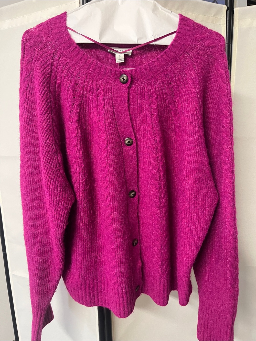 On 34th XL Women's Fuchsia Button-Front Cable Knit Sweater